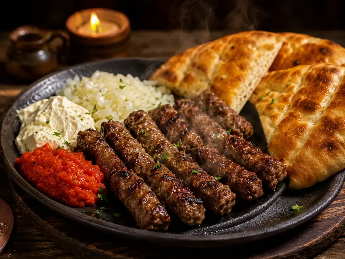 Hausgemachte Ćevapčići vom Grill mit Kajmak und Somun